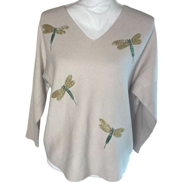 Liv Milano Womens Beige Knit Beaded Dragonfly Sweater Sz M Whimsical Long Sleeve - Picture 5 of 9